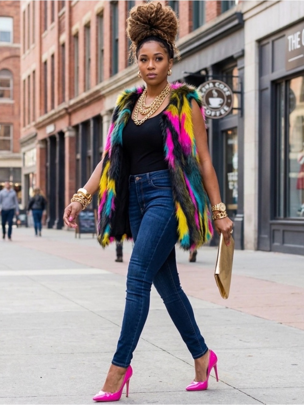 Women’s Multicolor Faux Fur Vest - Neon Patchwork